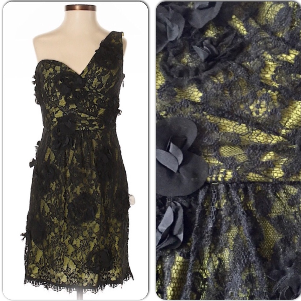 Vintage BCBG black lace one shoulder dress yellow accents prom knee length